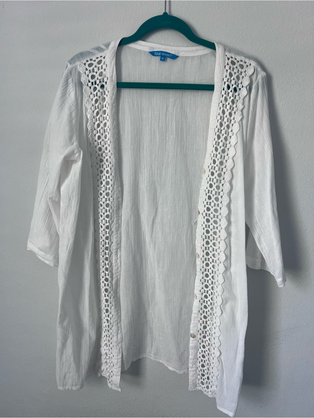 Blue Island White Crochet Trim Button Down Gauze Swim Cover Up Shirt Size M
